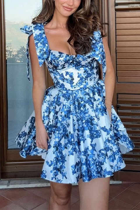 Meridress Bow Shoulder Floral Print A-line Mini Cami Dress