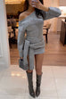Asymmetrical Shoulder Long Sleeves Tie Waist Knit Mini Dress