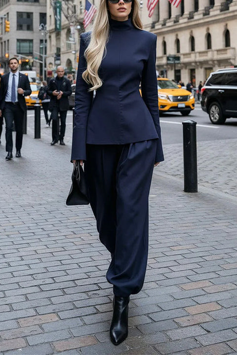 High Neck Long Sleeves Peplum Top and Balloon Pants Set