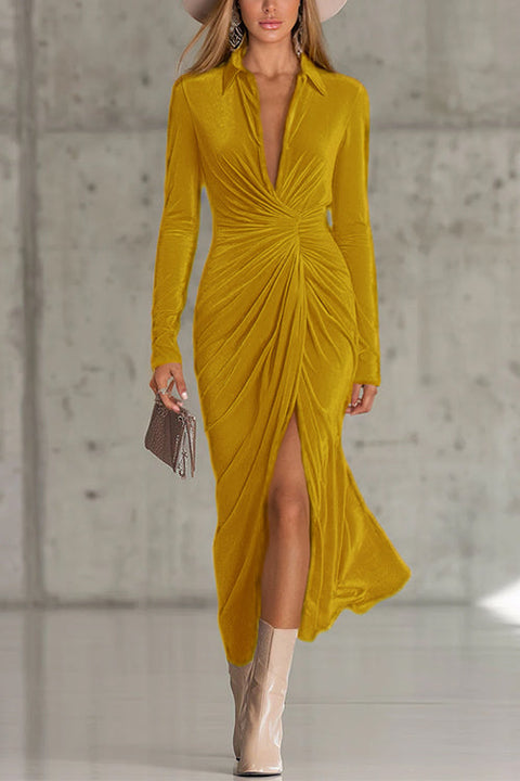 Lapel V Neck Long Sleeves Ruched Slit Velvet Midi Dress
