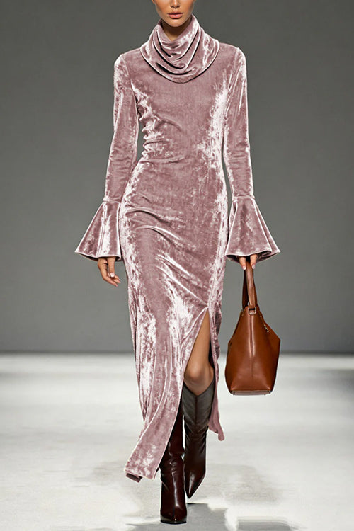 Cowl Neck Bell Long Sleeves Slit Velvet Maxi Dress