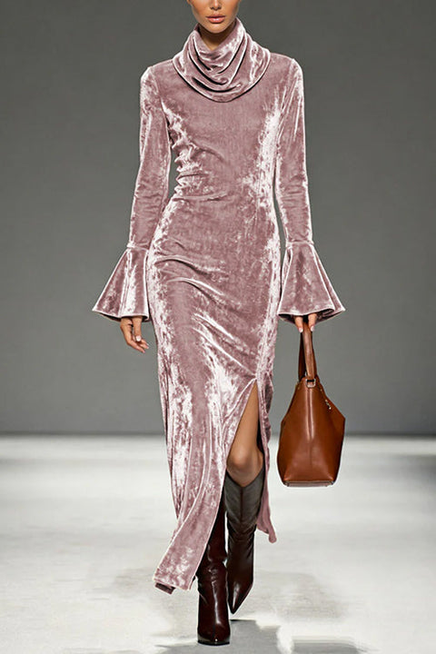 Cowl Neck Bell Long Sleeves Slit Velvet Maxi Dress