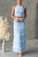 Meridress Frill Trim Halter Backless Crop Top and Drawstring Waist Maxi Skirt Set