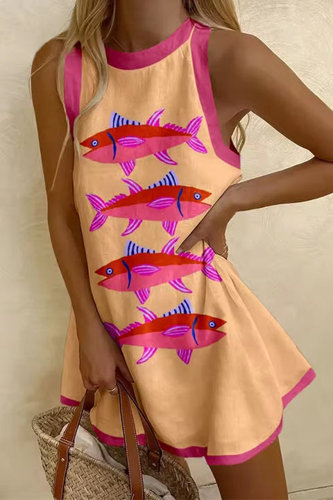 Meridress Sleeveless Cartoon Fish Print Color Block Mini Dress