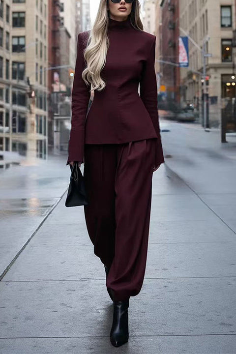 Chic High Neck Long Sleeves Peplum Top and Balloon Pants Set