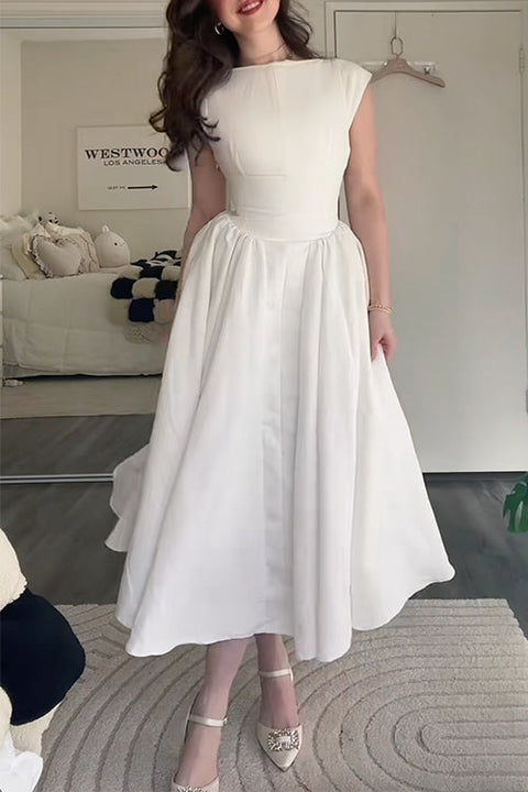 Meridress Cap Sleeves Open Back Waisted Swing Midi Dress