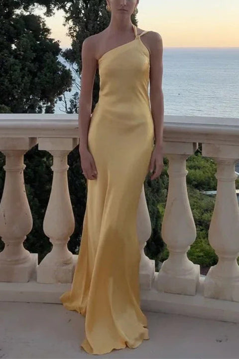 Meridress One Shoulder Open Back Tie Knot Satin Maxi Dress