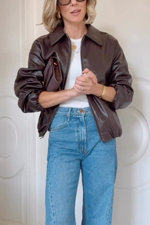 Meridress Lapel Zip Up Faux Leather Bomber Jacket