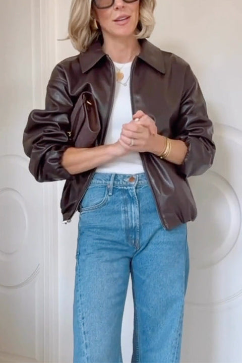 Meridress Lapel Zip Up Faux Leather Bomber Jacket
