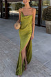 Meridress High Slit Back Drape Cascading Satin Maxi Cami Dress