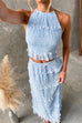Meridress Frill Trim Halter Backless Crop Top and Drawstring Waist Maxi Skirt Set