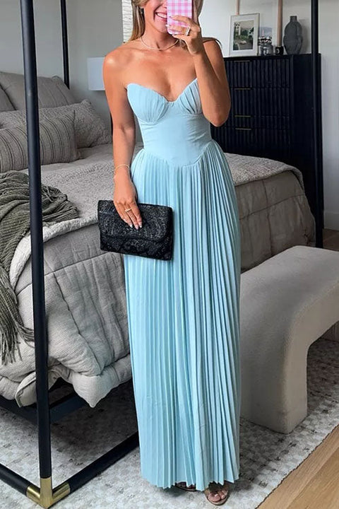 Meridress Strapless V Neck Corset Pleated Maxi Dress