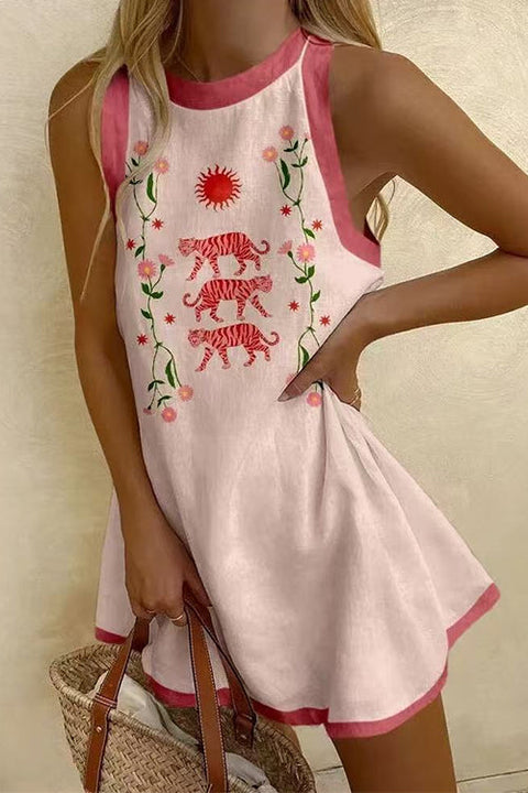 Meridress Crewneck Tiger Print Floral Mini Tank Dress