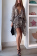 Meridress Wrap V Neck Long Sleeves Waisted Leopard Mini Dress