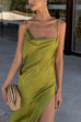 Meridress High Slit Back Drape Cascading Satin Maxi Cami Dress