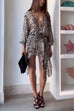 Meridress Wrap V Neck Long Sleeves Waisted Leopard Mini Dress