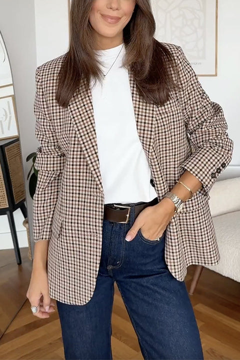 Meridress Notch Lapel Single Breasted Plaid Blazer