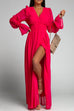 Meridress V Neck Long Sleeve Smocked Waist Maxi Slit Dress