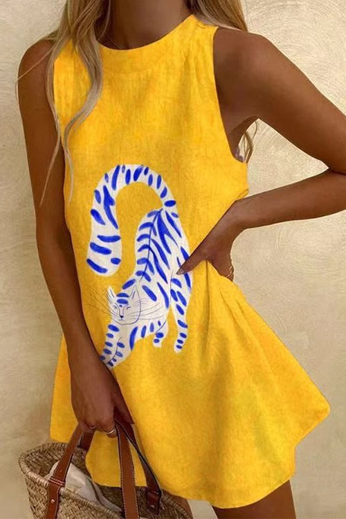 Meridress Round Neck Sleeveless Cartoon Print Mini Dress