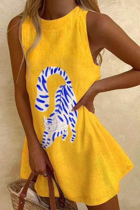 Meridress Round Neck Sleeveless Cartoon Print Mini Dress