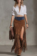 Meridress High Rise Denim Splice Faux Suede Slit Fringe Maxi Skirt