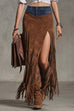 Meridress High Rise Denim Splice Faux Suede Slit Fringe Maxi Skirt