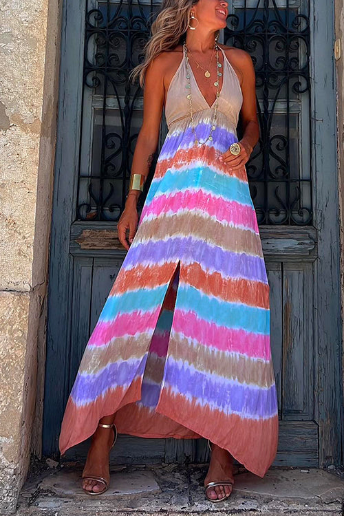Meridress Halter Deep V Neck Slit Tie Dye Maxi Cami Dress