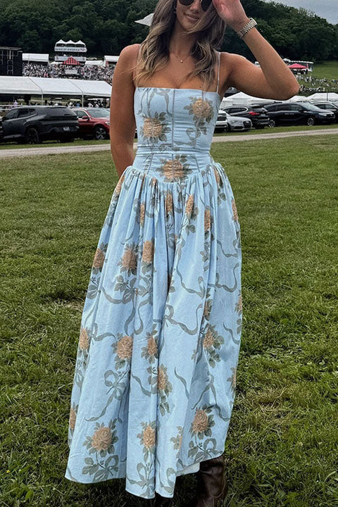 Meridress Spaghetti Strap Waisted Floral Print A-line Maxi Dress