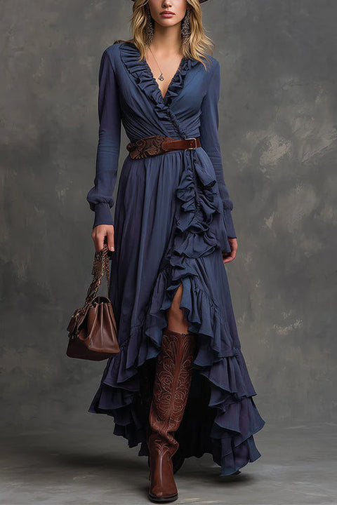 V Neck Long Sleeves Waisted Ruffle Trim Slit Maxi Dress
