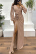 V Neck Long Sleeves Rose Detail Ruched Slit Maxi Dress
