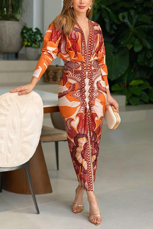 Meridress V Neck Long Sleeves Ruched Slit Printed Midi Dress