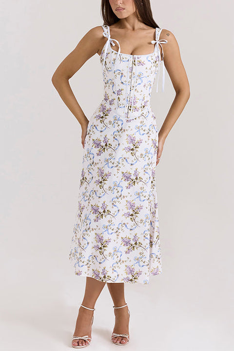 Meridress Bow Shoulder Back Lace-up Floral Print Midi Cami Dress
