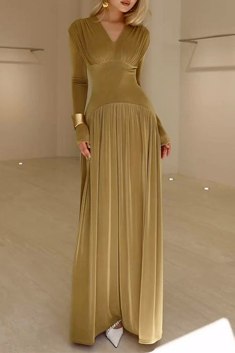 Meridress V Neck Long Sleeves Waisted Velvet Maxi Dress