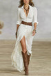 Meridress Lapel V Neck Long Sleeves Button Up Slit Maxi Dress