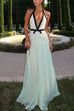 Meridress Deep V Neck Halter Backless Color Block Bow Maxi Dress