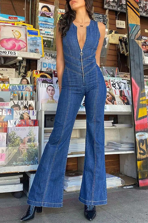 Meridress Zip Up Sleeveless Heart Back Bell Bottom Denim Jumpsuit
