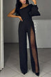 Meridress Stylish One Shoulder Slit Long Sleeve Mesh Splice Wide Leg Jumpsuit