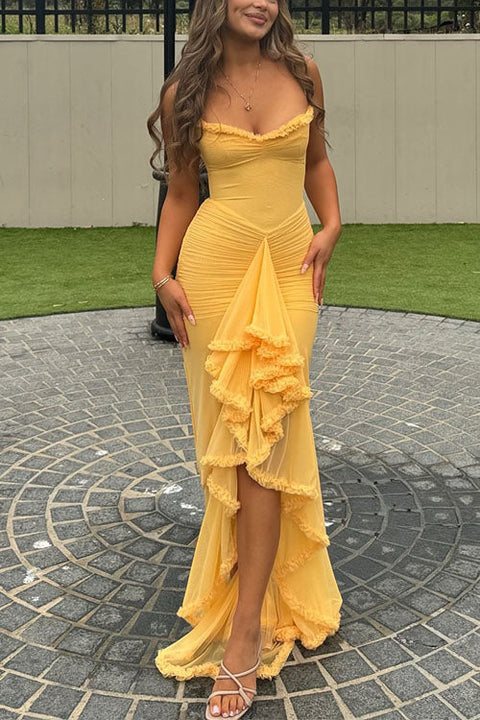 Meridress Spaghetti Strap Frill Trim Draped Slit Maxi Dress