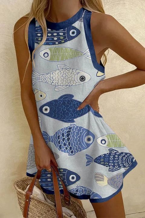 Meridress Sleeveless Fish Print Mini Dress