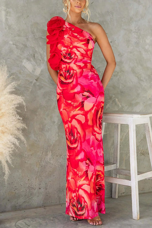 Meridress Ruffle One Shoulder Floral Print Bodycon Maxi Dress