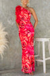 Meridress Ruffle One Shoulder Floral Print Bodycon Maxi Dress