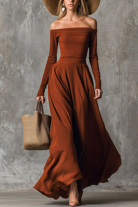 Off Shoulder Long Sleeves Flowy Maxi Dress