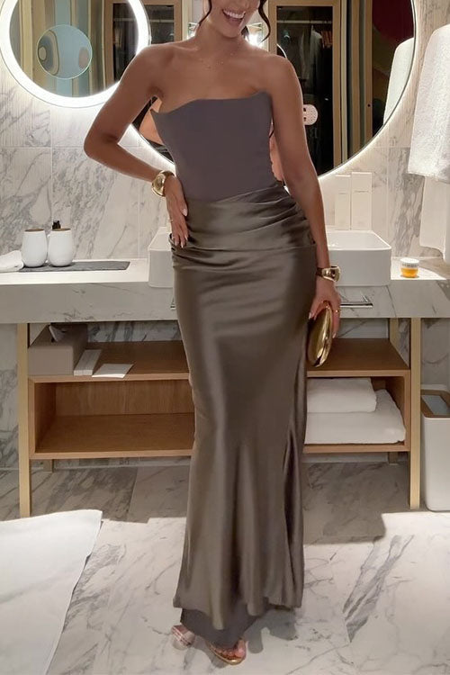 Meridress Strapless Patchwork Satin Bodycon Maxi Party Dress