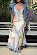 Meridress High Rise Color Block Lace Trim Satin Maxi Skirt