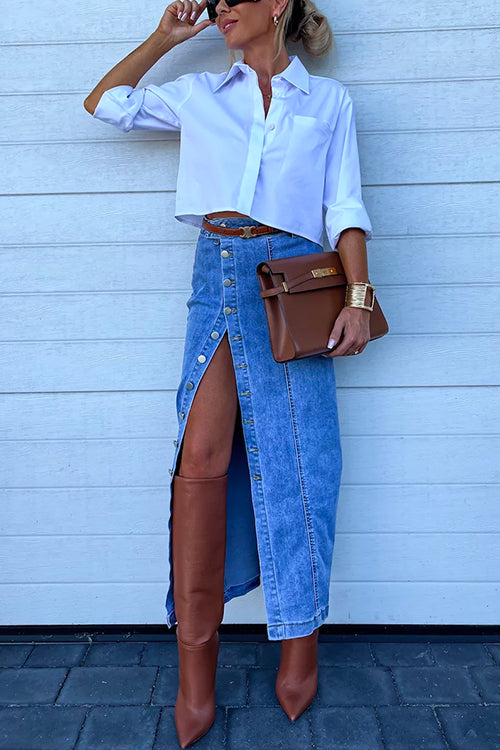 Meridress High Rise Button Down Slit Denim Skirt