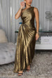Meridress One Shoulder Sleeveless Cut Out Waist Pleated Maxi Dress