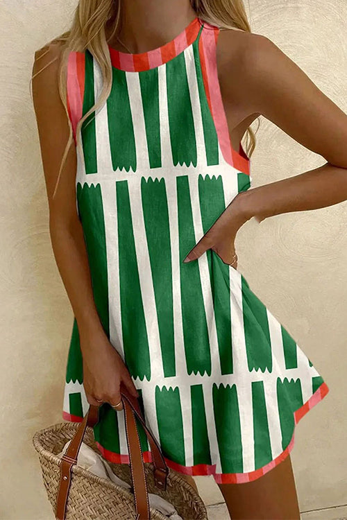 Meridress Round Neck Color Block Striped Mini Tank Dress