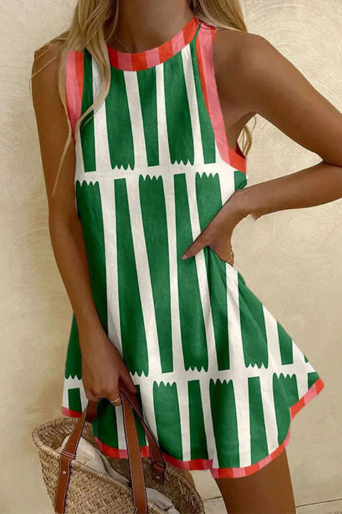 Meridress Round Neck Color Block Striped Mini Tank Dress