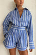 Meridress Striped Long Sleeves Curve Hem Shirt and High Rise Shorts Set