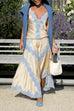 Meridress High Rise Color Block Lace Trim Satin Maxi Skirt